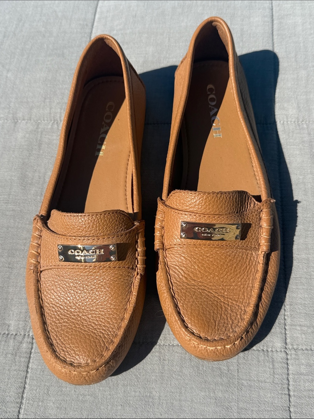 Coach Brown Pebbled Leather Moccasin Loafers with Logo Plaque
